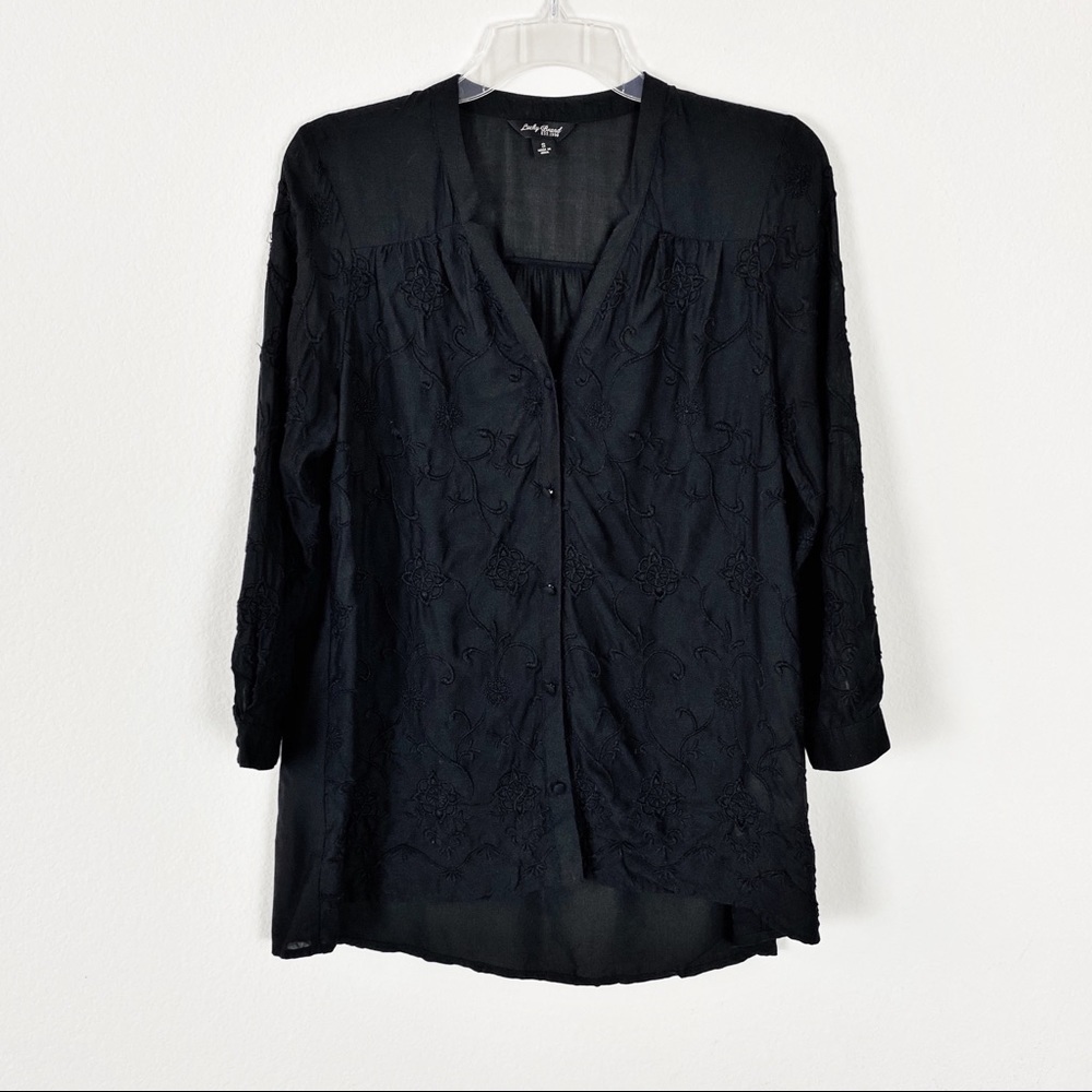 Lucky Brand Semi Sheer Top Black Embroidery S - Picture 2 of 8